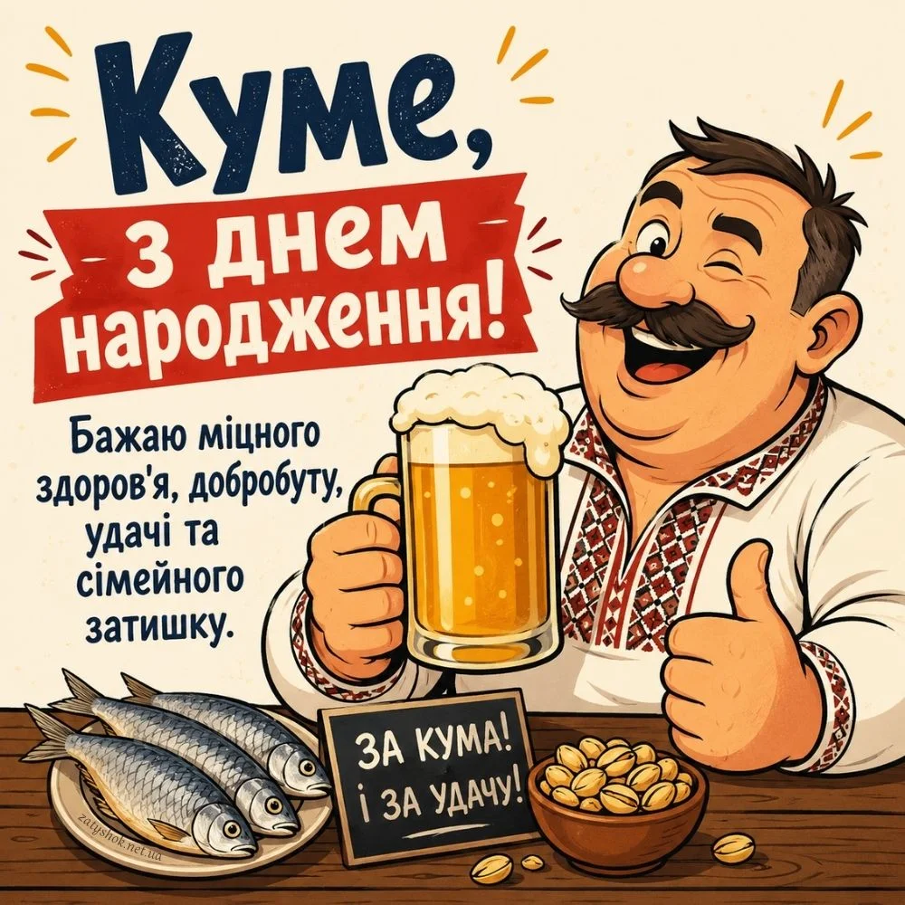 Кумедна листівка із кумом, пивом та таранькою