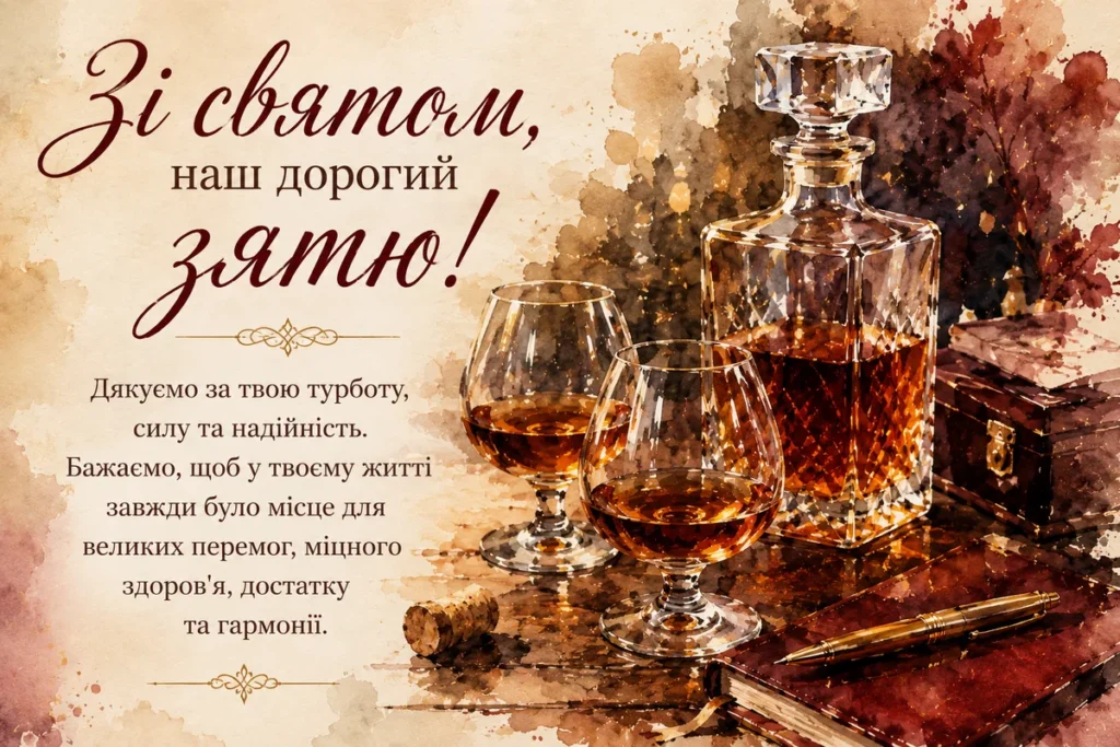 Келихи та коньяк з словами привітань для зятя