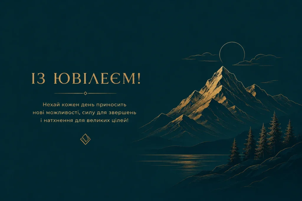 Стильна листівка для чоловіка з ювілеєм на темно-бірюзовому фоні із золотими мінімалістичними горами та привітальним написом
