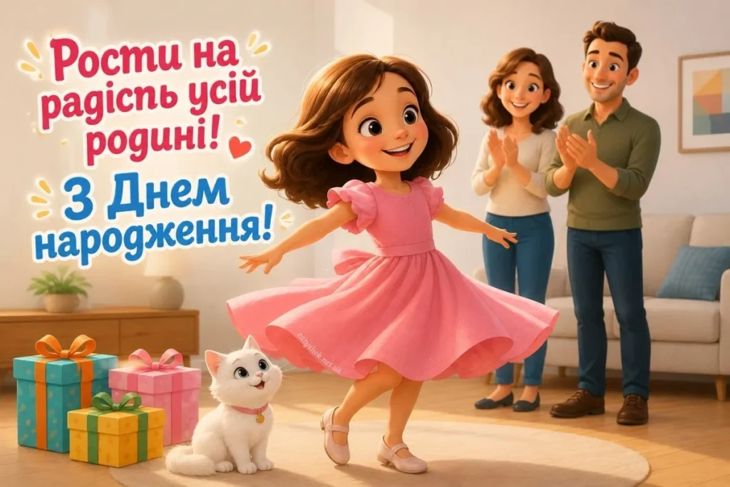 Батьки радіють своїй маленькій іменинниці