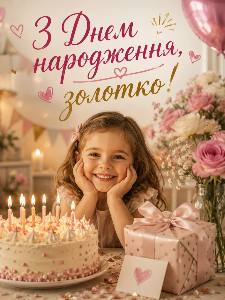 Маленька іменинниця біля торта