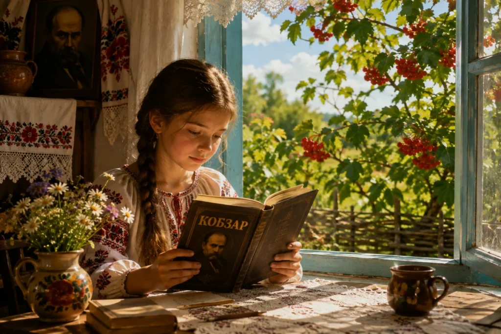 Дівчинка читає Кобзар Тараса Шевченка